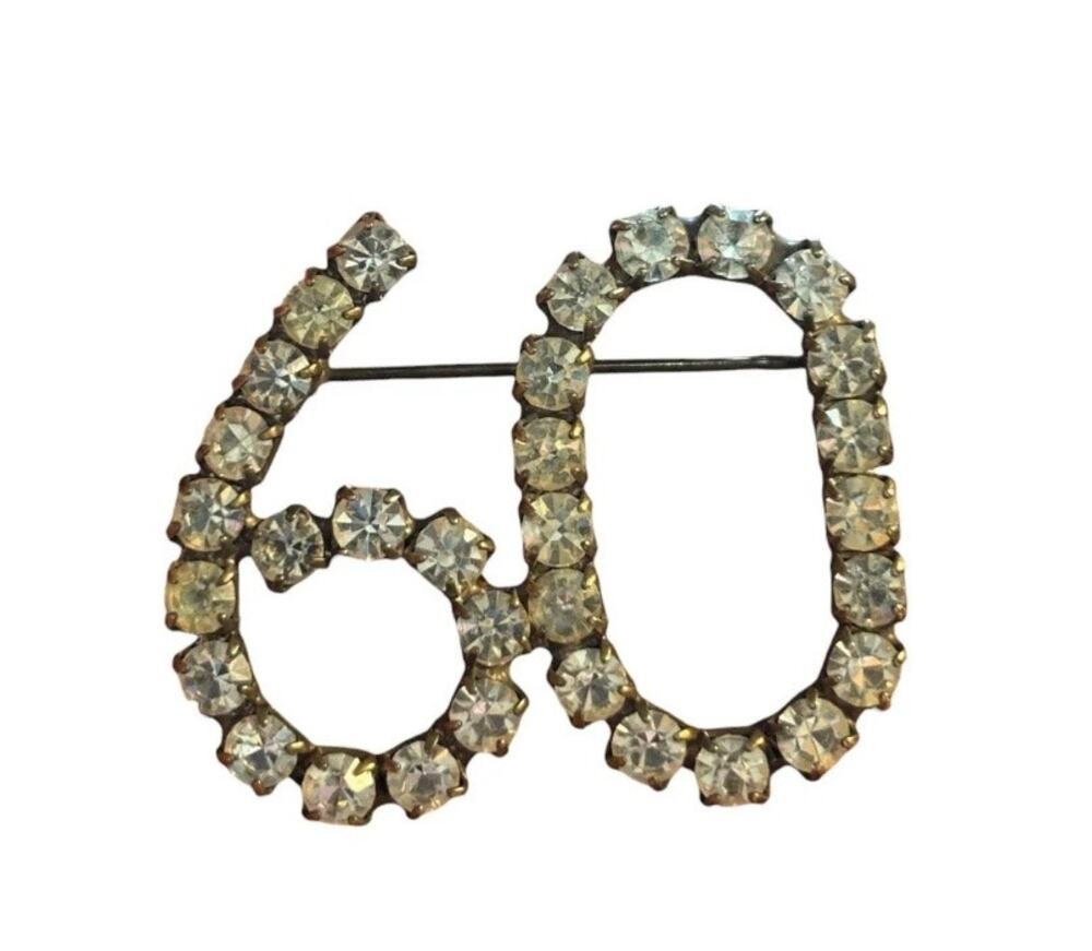 Vintage Rhinestone 60 Number Brooch Crystal Milestone Birthday Anniversary Pin